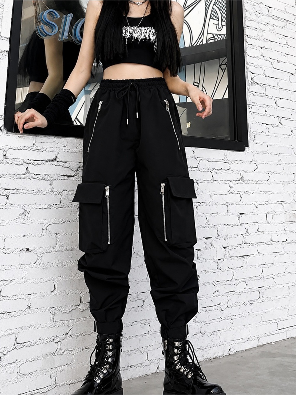 Black Y2K Techwear Cargo Jogger Pants Streetwear Utility XS 🖤 - Picture 2 of 5